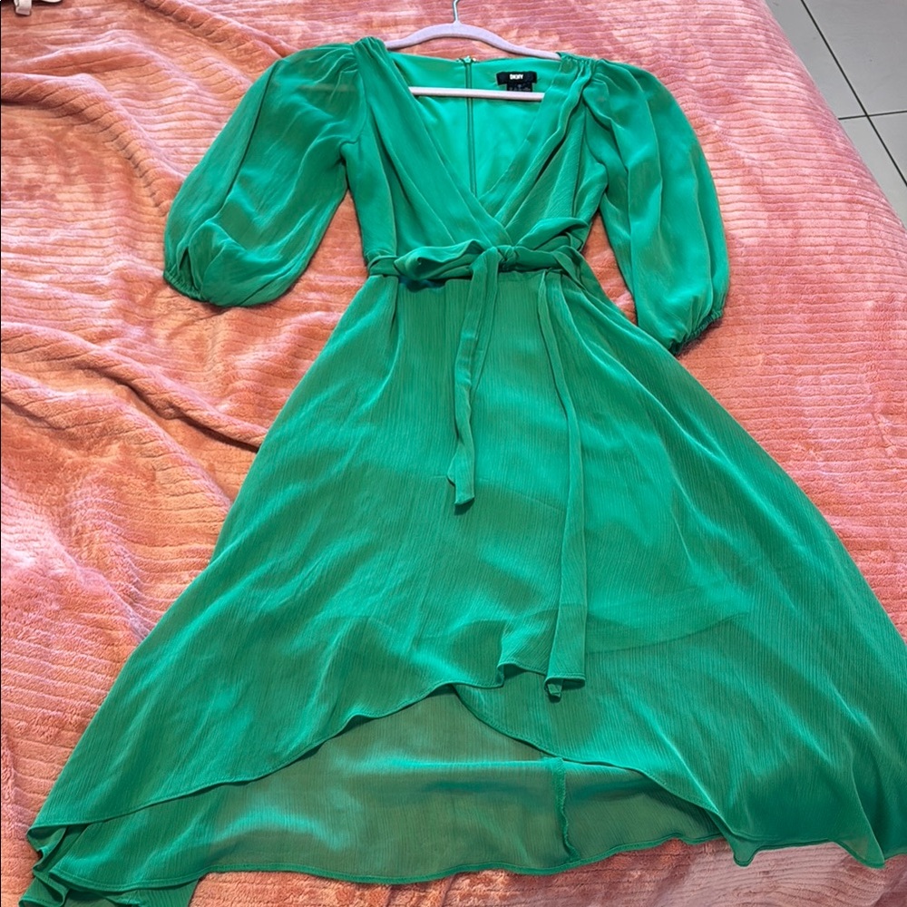 DKNY Bright Green High Low Wrap Dress with Bishop Sleeves